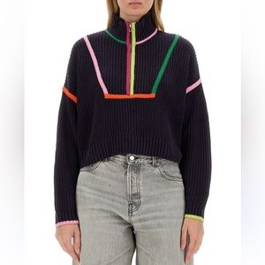 NWT Staud Womens Cropped Hampton Navy Multi Knit Sweater, 1/4 Zip, Size Large